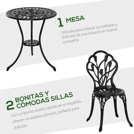 Outsunny Conjunto de Mesa e Cadeiras de Exterior de 3 Peças Móveis de Jardim de Alumínio com Encosto com Padrão de Tulipa e Mesa com Orifício para Chapéu de Sol Preto