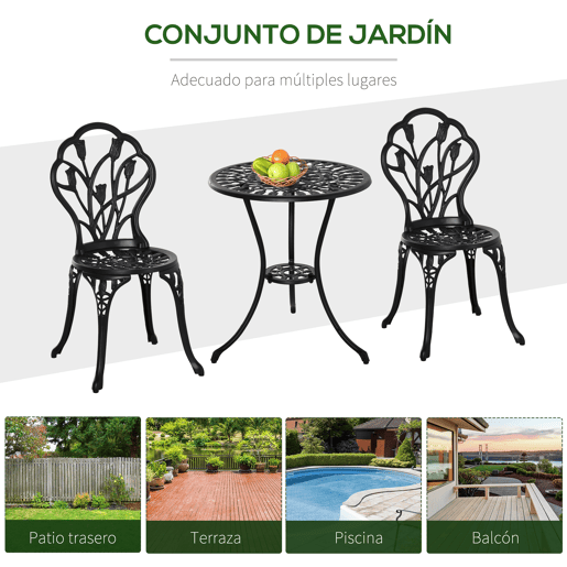 Outsunny Conjunto de Mesa e Cadeiras de Exterior de 3 Peças Móveis de Jardim de Alumínio com Encosto com Padrão de Tulipa e Mesa com Orifício para Chapéu de Sol Preto