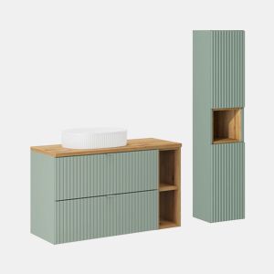 Móvel de lavatório simples 100cm 2 gavetas 2 nichos e coluna Verde Jade e Madeira