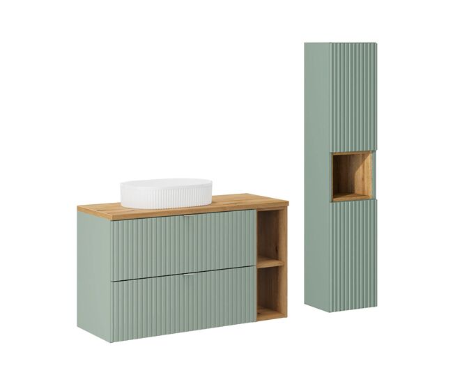 Conjunto mueble lavabo individual 100cm 2 cajones 2 compartimientos y columna jade verde y madera