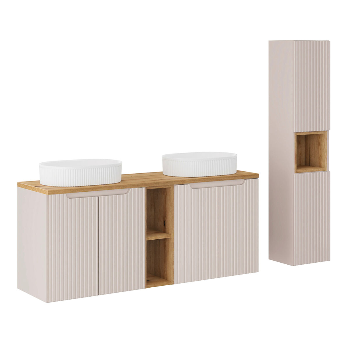 Conjunto mueble lavabo doble 4 puertas y columna Riva 140 Madera