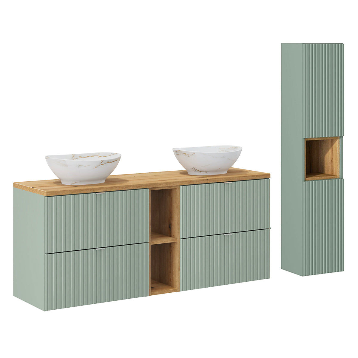 Conjunto mueble lavabo doble 140cm 4 cajones 2 compartimientos y columna jade verde y madera