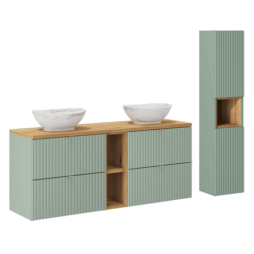 Móvel de lavatório duplo 140cm 4 gavetas 2 nichos e coluna Verde Jade e Madeira