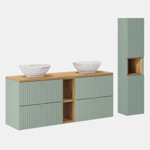 Móvel de lavatório duplo 140cm 4 gavetas 2 nichos e coluna Verde Jade e Madeira