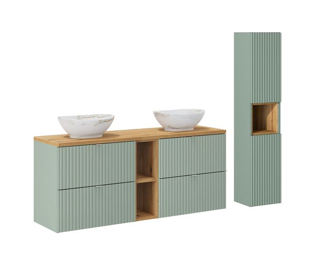 Conjunto mueble lavabo doble 140cm 4 cajones 2 compartimientos y columna jade verde y madera