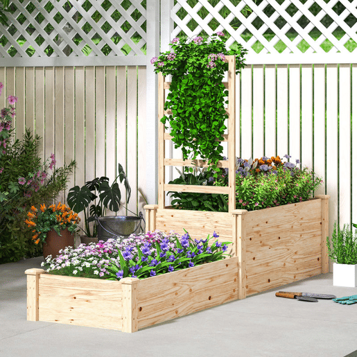 Outsunny Floreira Exterior Grande de Madeira Floreira Elevada com Treliça para Plantas Trepadoras e 2 Caixas de Cultivo para Jardim Pátio Terraço 222x63x132 cm Madeira