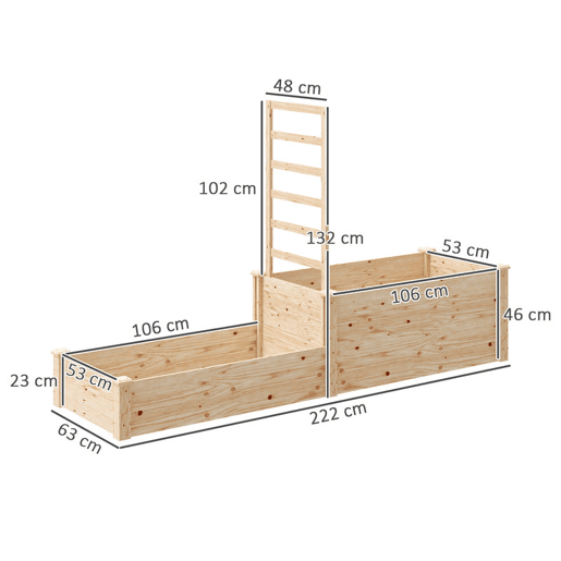 Outsunny Floreira Exterior Grande de Madeira Floreira Elevada com Treliça para Plantas Trepadoras e 2 Caixas de Cultivo para Jardim Pátio Terraço 222x63x132 cm Madeira