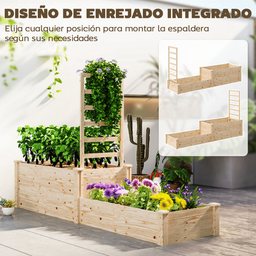 Outsunny Floreira Exterior Grande de Madeira Floreira Elevada com Treliça para Plantas Trepadoras e 2 Caixas de Cultivo para Jardim Pátio Terraço 222x63x132 cm Madeira