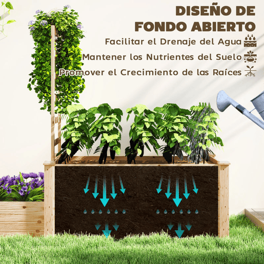 Outsunny Floreira Exterior Grande de Madeira Floreira Elevada com Treliça para Plantas Trepadoras e 2 Caixas de Cultivo para Jardim Pátio Terraço 222x63x132 cm Madeira