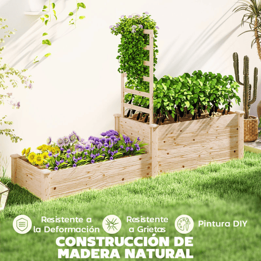 Outsunny Floreira Exterior Grande de Madeira Floreira Elevada com Treliça para Plantas Trepadoras e 2 Caixas de Cultivo para Jardim Pátio Terraço 222x63x132 cm Madeira