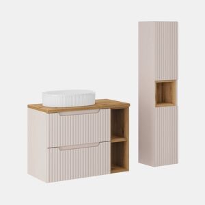 Móvel de lavatório individual 80cm 2 gavetas 2 nichos e coluna Riva Caxemira e Madeira