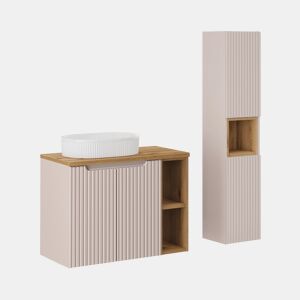 Móvel de lavatório individual 80cm 2 portas 2 nichos e coluna Riva Caxemira e Madeira
