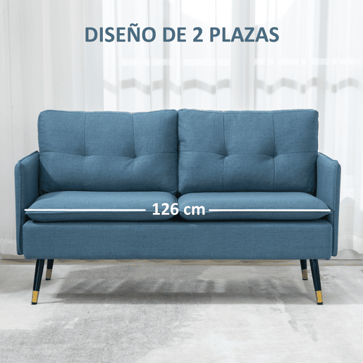 HOMCOM Sofá de 2 Lugares Estofado em Linho Sofá de Sala 139 cm com Almofadas Apoios de Braço e Pés de Aço para Quarto Escritório Carga 240 kg Azul