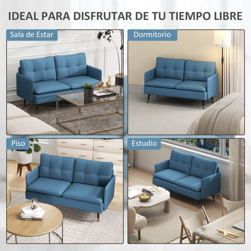 HOMCOM Sofá de 2 Lugares Estofado em Linho Sofá de Sala 139 cm com Almofadas Apoios de Braço e Pés de Aço para Quarto Escritório Carga 240 kg Azul