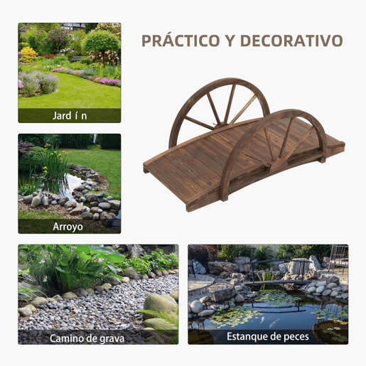 Outsunny Ponte de Madeira para Jardim Ponte Decorativa com Capacidade Máxima de 150 kg com Corrimão em Forma de Meia Roda 100x50x37 cm Marrom