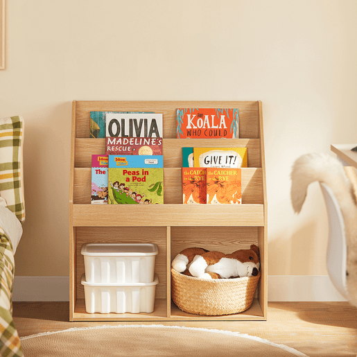 SoBuy Estante para crianças, estante Montessori com 3 prateleiras e 2 compartimentos, arrumação para livros, mobiliário de quarto, natural KMB01-N