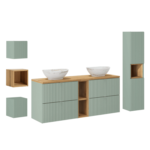 Lavatório duplo 140cm 4 gavetas 2 nichos coluna e 3 armários de parede Verde Jade e Madeira