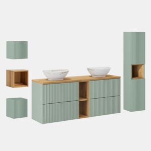 Lavatório duplo 140cm 4 gavetas 2 nichos coluna e 3 armários de parede Verde Jade e Madeira