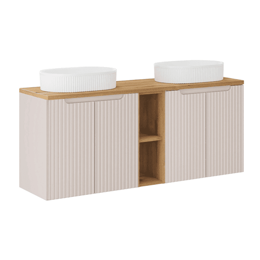 Móvel de lavatório duplo 140cm 4 portas 2 nichos Riva Caxemira e Madeira