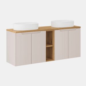 Móvel de lavatório duplo 140cm 4 portas 2 nichos Riva Caxemira e Madeira