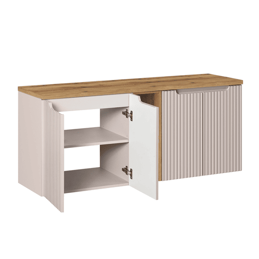 Móvel de lavatório duplo 140cm 4 portas 2 nichos Riva Caxemira e Madeira