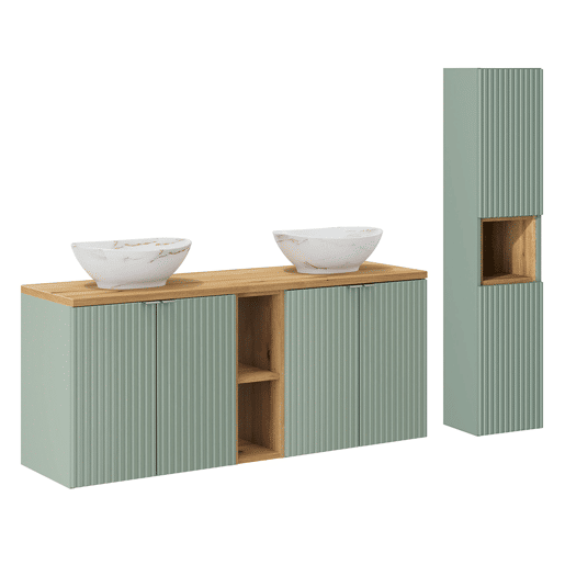 Móvel de lavatório duplo 140cm 4 portas 2 nichos e coluna Verde Jade e Madeira