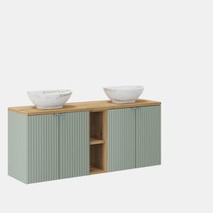 Móvel de lavatório duplo 140cm 4 portas 2 nichos e coluna Verde Jade e Madeira