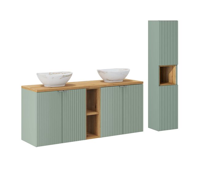 Conjunto mueble lavabo doble 140cm 4 puertas 2 compartimientos y columna jade verde y madera