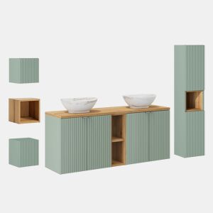 Móvel de lavatório duplo 140cm 4 portas 2 nichos e 3 armários de parede Verde Jade e Madeira