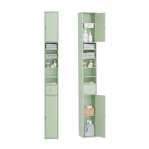 SoBuy Armário de casa de banho 20 cm - Armário de arrumação estreito com gaveta e prateleiras ajustáveis u200Bu200B- Móveis de casa de banho compactos para casas de banho, espaços pequenos - Verde, MDF, 20x20x180 cm, BZR34-II-GR