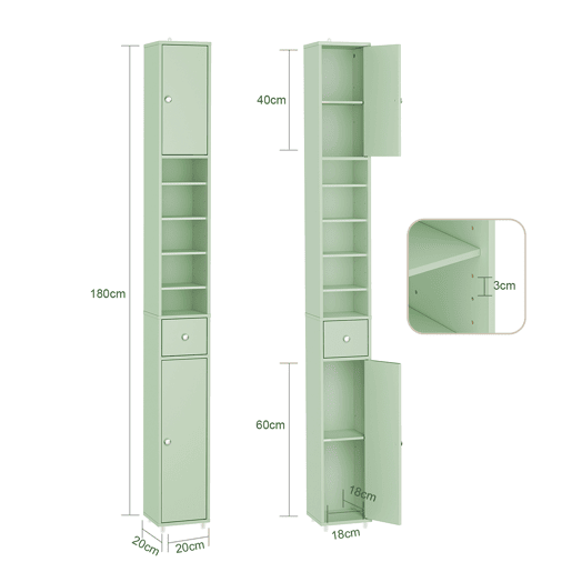 SoBuy Armário de casa de banho 20 cm - Armário de arrumação estreito com gaveta e prateleiras ajustáveis u200Bu200B- Móveis de casa de banho compactos para casas de banho, espaços pequenos - Verde, MDF, 20x20x180 cm, BZR34-II-GR