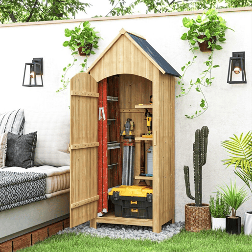 Outsunny Armário Jardim de Madeira 77,5x54,2x179,5 cm 0,3 m² Abrigo de Exterior Armário para Arrumação de Ferramentas com 3 Prateleiras e 2 Portas com Fecho para Pátio Terraço Madeira