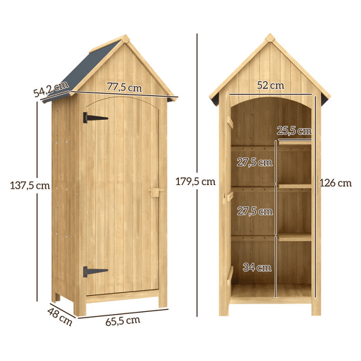 Outsunny Armário Jardim de Madeira 77,5x54,2x179,5 cm 0,3 m² Abrigo de Exterior Armário para Arrumação de Ferramentas com 3 Prateleiras e 2 Portas com Fecho para Pátio Terraço Madeira