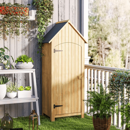 Outsunny Armário Jardim de Madeira 77,5x54,2x179,5 cm 0,3 m² Abrigo de Exterior Armário para Arrumação de Ferramentas com 3 Prateleiras e 2 Portas com Fecho para Pátio Terraço Madeira
