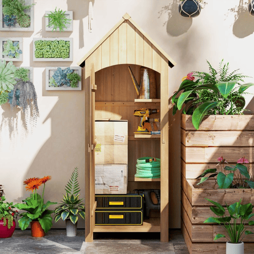 Outsunny Armário Jardim de Madeira 77,5x54,2x179,5 cm 0,3 m² Abrigo de Exterior Armário para Arrumação de Ferramentas com 3 Prateleiras e 2 Portas com Fecho para Pátio Terraço Madeira