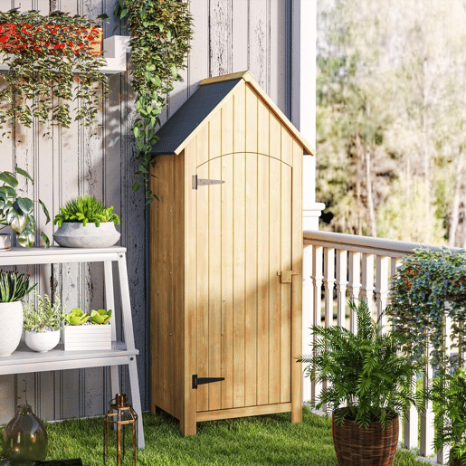 Outsunny Armário Jardim de Madeira 77,5x54,2x179,5 cm 0,3 m² Abrigo de Exterior Armário para Arrumação de Ferramentas com 3 Prateleiras e 2 Portas com Fecho para Pátio Terraço Madeira