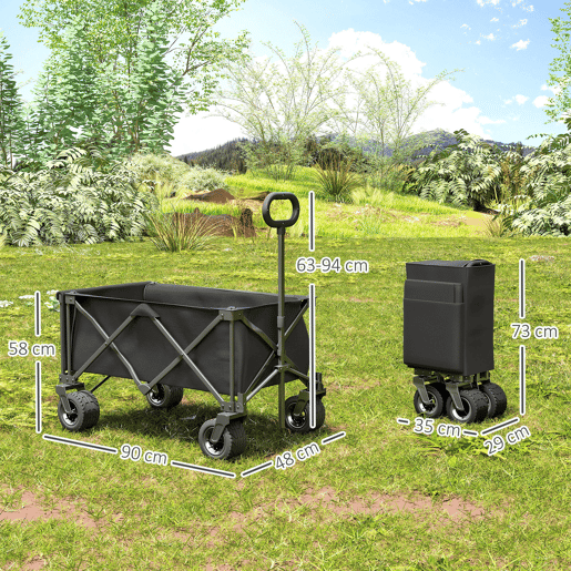 Outsunny Carrinho de Praia com Rodas Grandes Carrinho de Jardim Dobrável com Puxador Ajustável Porta Traseira Expansível Capacidade 100 kg 90x48x92 cm Preto
