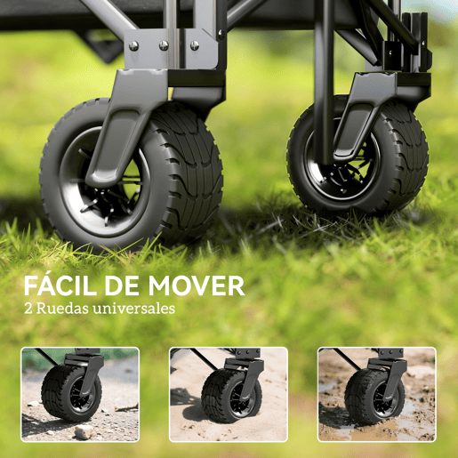 Outsunny Carrinho de Praia com Rodas Grandes Carrinho de Jardim Dobrável com Puxador Ajustável Porta Traseira Expansível Capacidade 100 kg 90x48x92 cm Preto