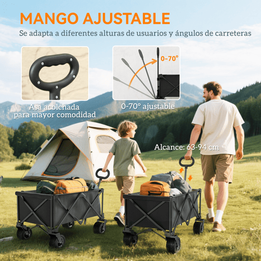 Outsunny Carrinho de Praia com Rodas Grandes Carrinho de Jardim Dobrável com Puxador Ajustável Porta Traseira Expansível Capacidade 100 kg 90x48x92 cm Preto