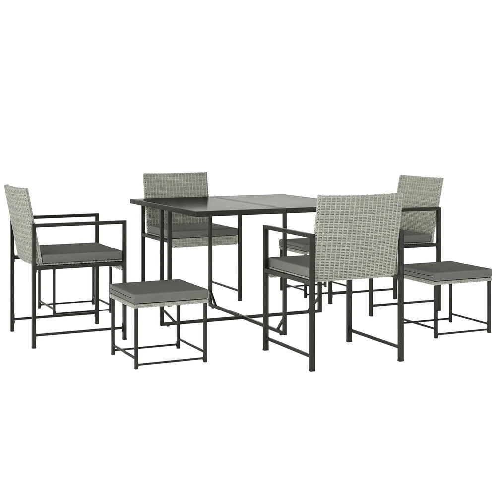 Outsunny conjunto de muebles de jardín exterior de ratán de 9 piezas conjunto de jardin exterior de ratán sintético con mesa con vidrio templado 4 sillas 4 taburetes impermeables cojines gris