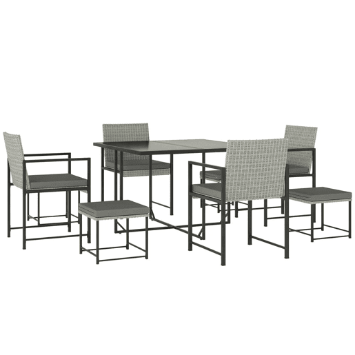Outsunny Conjunto de Móveis de Jardim de Vime de 9 Peças Conjunto de Exterior de Vime Sintético com Mesa com Vidro Temperado 4 Cadeiras 4 Bancos Impermeáveis Almofadas Cinzento