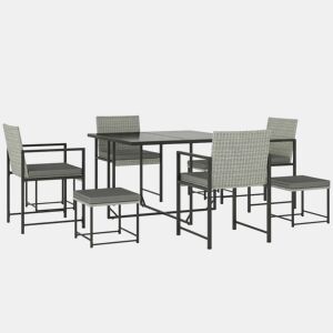 Outsunny Conjunto de Móveis de Jardim de Vime de 9 Peças Conjunto de Exterior de Vime Sintético com Mesa com Vidro Temperado 4 Cadeiras 4 Bancos Impermeáveis Almofadas Cinzento