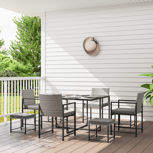 Outsunny Conjunto de Móveis de Jardim de Vime de 9 Peças Conjunto de Exterior de Vime Sintético com Mesa com Vidro Temperado 4 Cadeiras 4 Bancos Impermeáveis Almofadas Cinzento