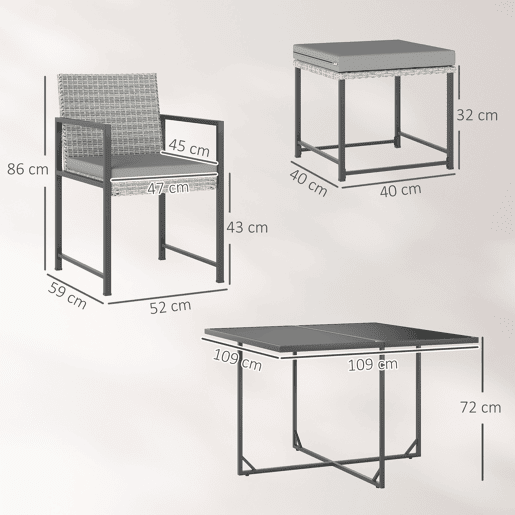 Outsunny Conjunto de Móveis de Jardim de Vime de 9 Peças Conjunto de Exterior de Vime Sintético com Mesa com Vidro Temperado 4 Cadeiras 4 Bancos Impermeáveis Almofadas Cinzento