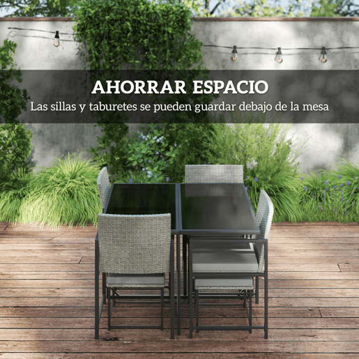 Outsunny Conjunto de Móveis de Jardim de Vime de 9 Peças Conjunto de Exterior de Vime Sintético com Mesa com Vidro Temperado 4 Cadeiras 4 Bancos Impermeáveis Almofadas Cinzento