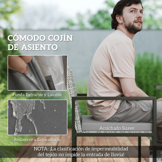 Outsunny Conjunto de Móveis de Jardim de Vime de 9 Peças Conjunto de Exterior de Vime Sintético com Mesa com Vidro Temperado 4 Cadeiras 4 Bancos Impermeáveis Almofadas Cinzento