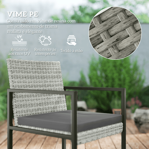 Outsunny Conjunto de Móveis de Jardim de Vime de 9 Peças Conjunto de Exterior de Vime Sintético com Mesa com Vidro Temperado 4 Cadeiras 4 Bancos Impermeáveis Almofadas Cinzento