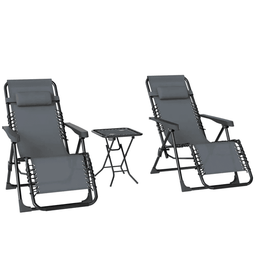 Outsunny Conjunto de 2 Espreguiçadeiras Jardim Dobráveis com Mesa Auxiliar Porta-Copos Espreguiçadeiras de Gravidade Zero com Encosto Ajustável Apoios de Braço Removíveis para Pátio Piscina Cinza