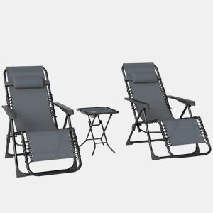 Outsunny Conjunto de 2 Espreguiçadeiras Jardim Dobráveis com Mesa Auxiliar Porta-Copos Espreguiçadeiras de Gravidade Zero com Encosto Ajustável Apoios de Braço Removíveis para Pátio Piscina Cinza