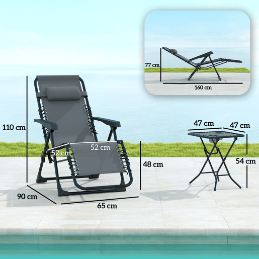 Outsunny Conjunto de 2 Espreguiçadeiras Jardim Dobráveis com Mesa Auxiliar Porta-Copos Espreguiçadeiras de Gravidade Zero com Encosto Ajustável Apoios de Braço Removíveis para Pátio Piscina Cinza